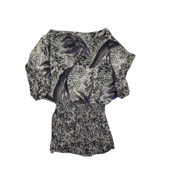Miley Cyrus Blouse Women Purple & Gray Floral Short Sleeve Round Neck Casual Wom - Picture 2 of 5
